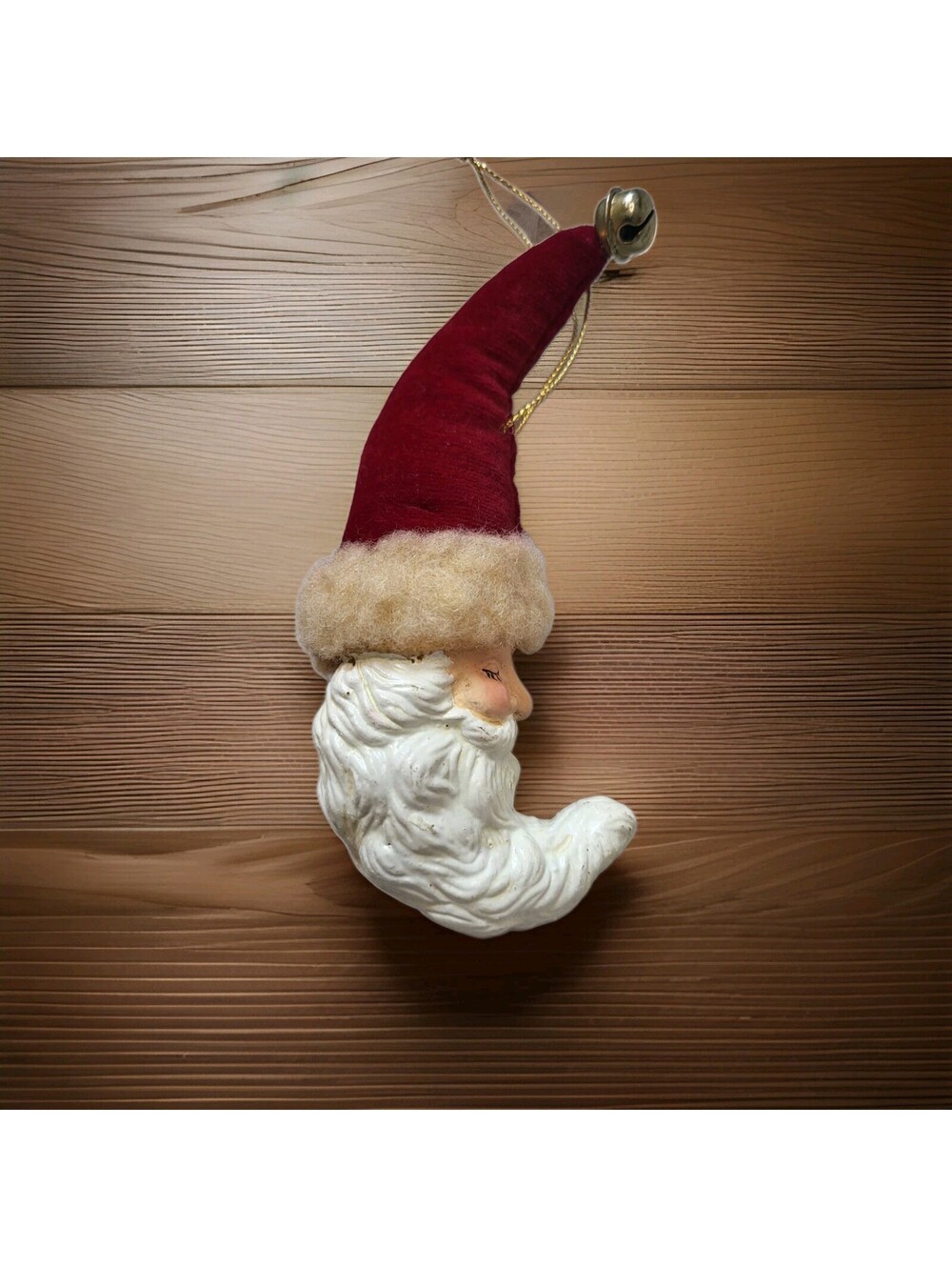 Vtg Velvet Plastic Christmas Ornament EUC Sleeping Santa Claus Face Moon 3D 5"A5